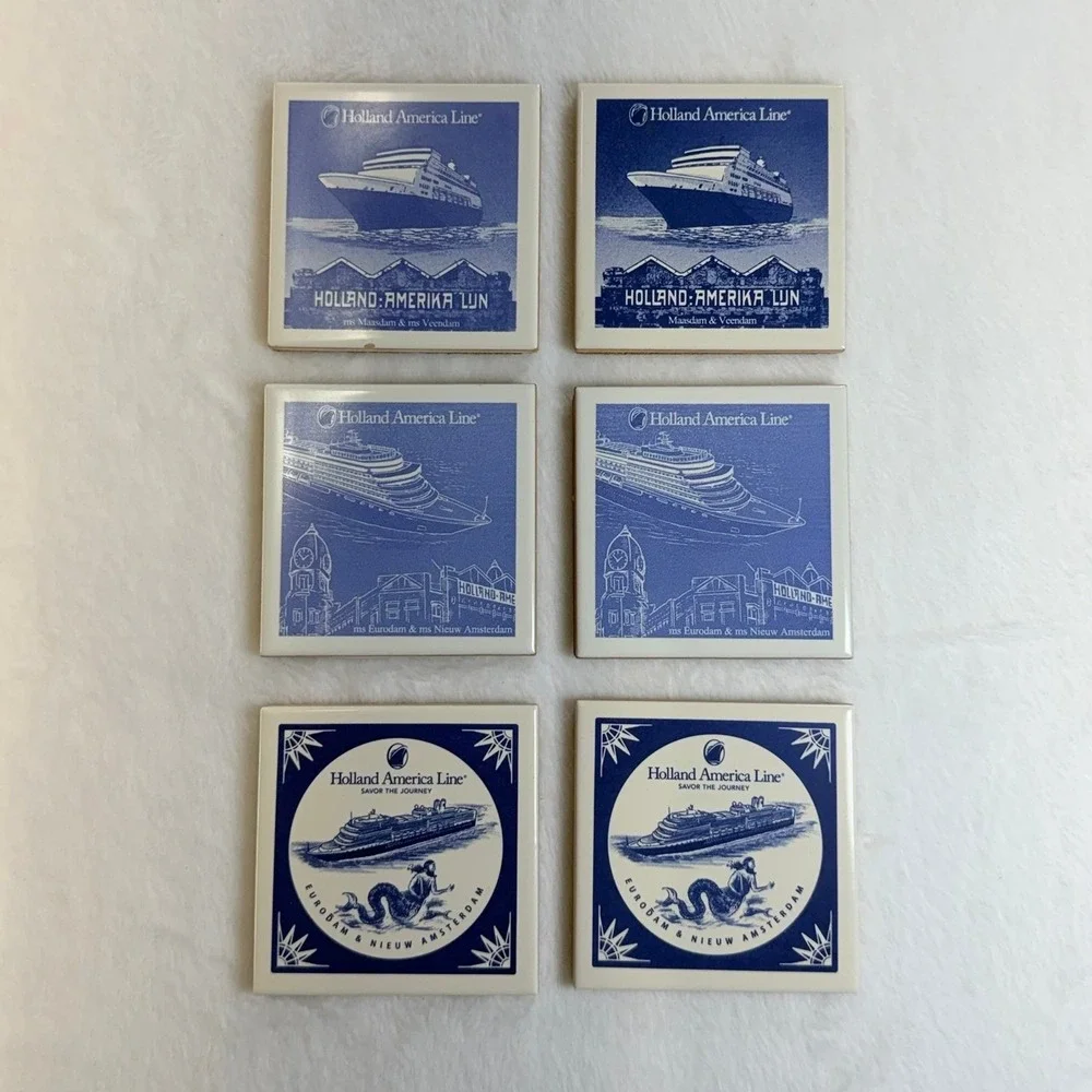 Holland America Line Ceramic Coaster Set of 6 Blue White Nautical Cruise‎ Ships